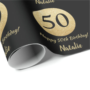 Happy 50. Geburtstag Black and Gold Glitzer Geschenkpapier