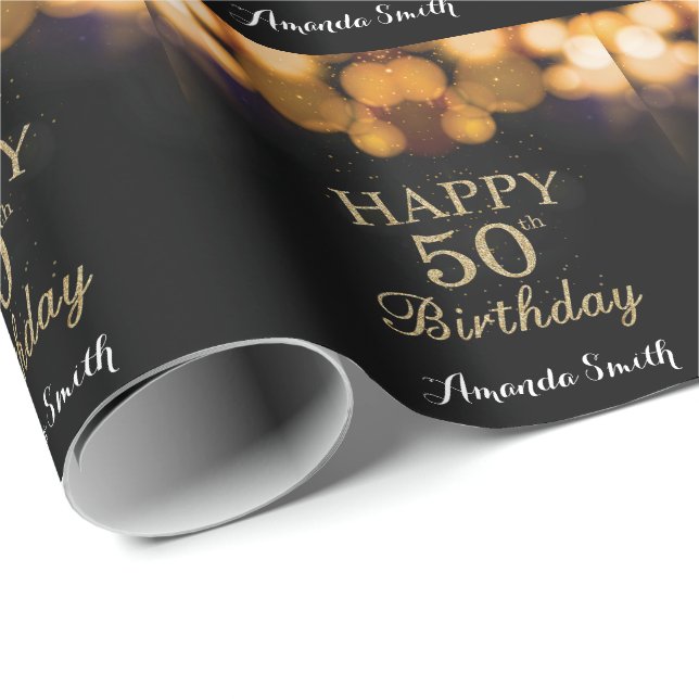 Happy 50. Geburtstag Black and Gold Glitzer Geschenkpapier (Rolleneckpunkt)