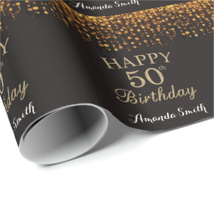 Happy 50. Geburtstag Black and Gold Glitzer Geschenkpapier