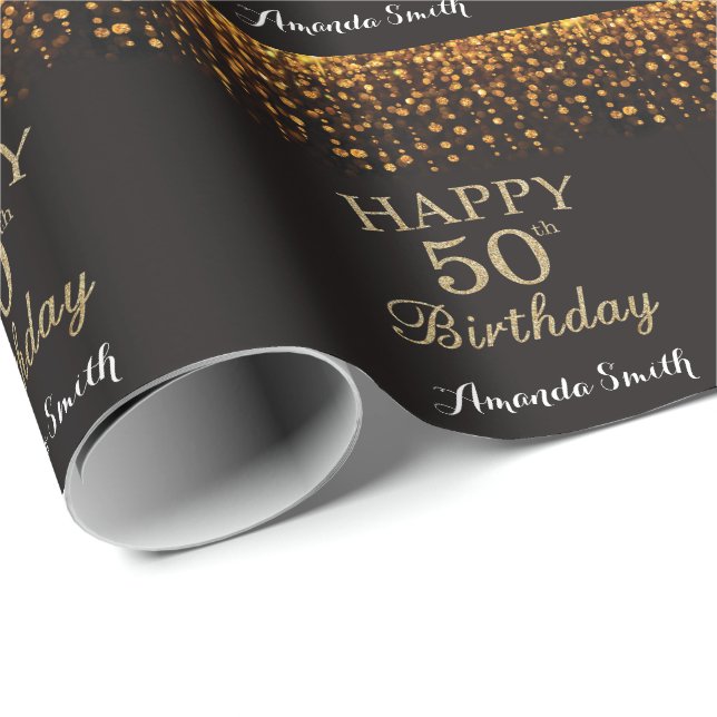 Happy 50. Geburtstag Black and Gold Glitzer Geschenkpapier (Rolleneckpunkt)