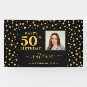 Happy 50. Geburtstag Black and Gold Stars Foto Banner