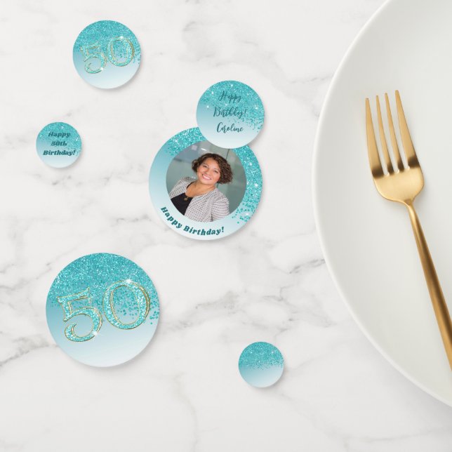 Happy 50. Geburtstag Chic Aquamarin Blue Glitzer Konfetti (Gruppe)