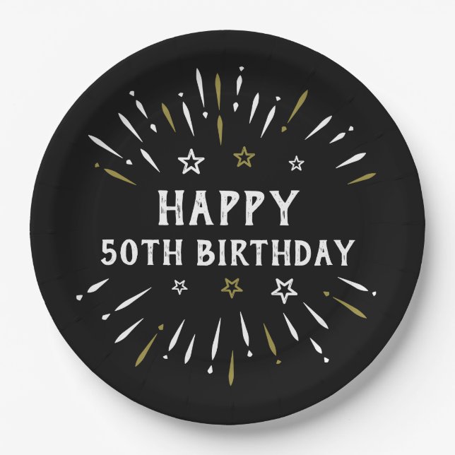 Happy 50. Geburtstag Feuerwerk Schwarz-weiß Gold Pappteller (Vorderseite)