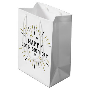 Happy 50. Geburtstag Feuerwerk White Black Gold Mittlere Geschenktüte