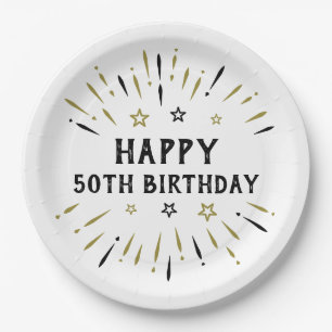 Happy 50. Geburtstag Feuerwerk White Black Gold Pappteller