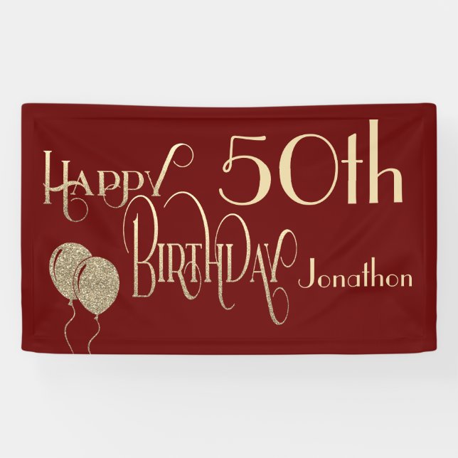 Happy 50. Geburtstag Name Gold Text Burgundy Banner (Horizontal)