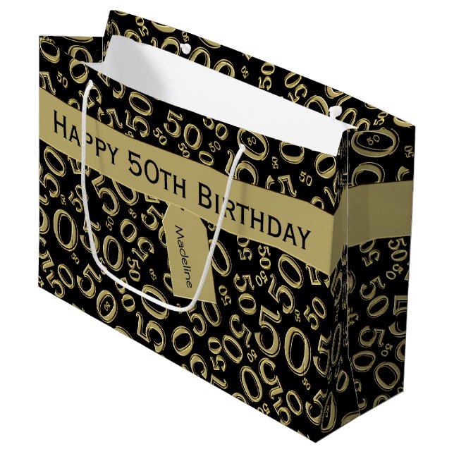 Happy 50. Geburtstag Zahlenmuster Schwarz/Gold Große Geschenktüte (Vorderseite Schrägansicht)