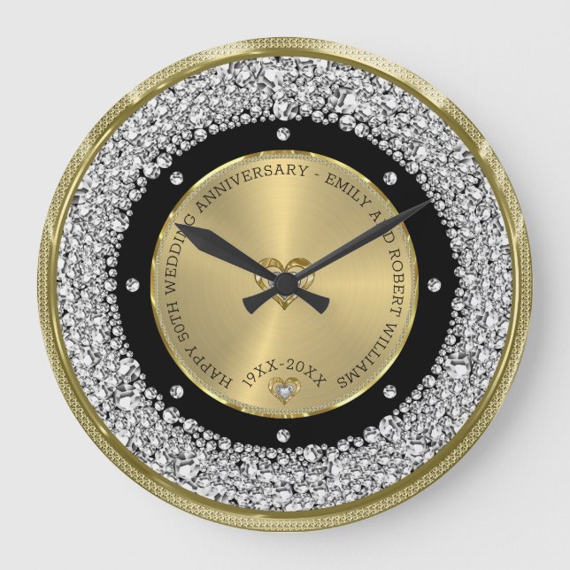 Happy 50. Hochzeit universell Diamanten und Gold Große Wanduhr (Vorderseite)