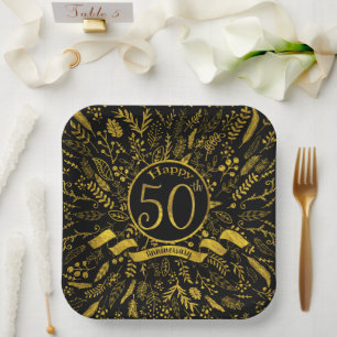 Happy 50 Jahre Jubiläum Gold Floral Pappteller