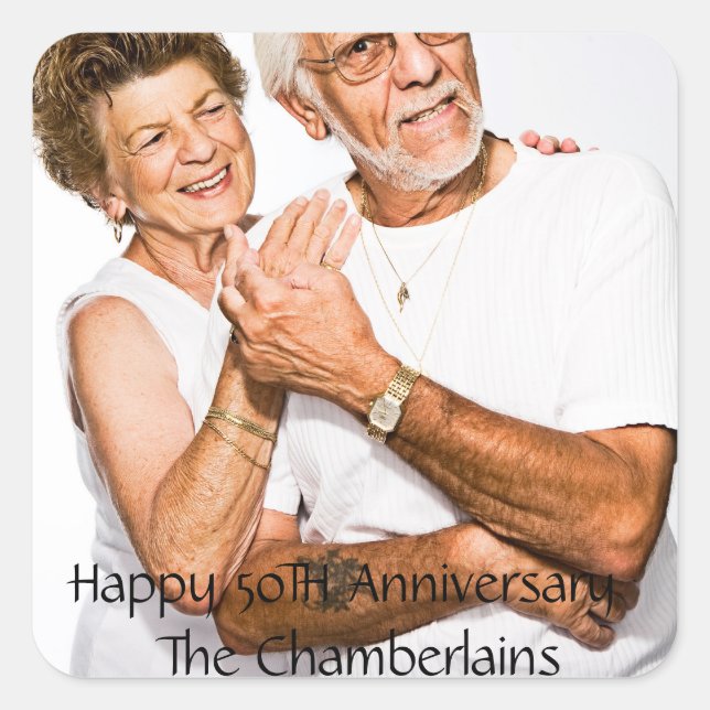 Happy 50. Jubiläum Couple Name Foto Quadratischer Aufkleber (Vorderseite)
