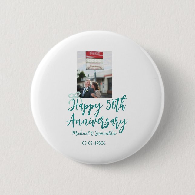 Happy 50th anniversary photo turquoise bow name da button (Vorderseite)