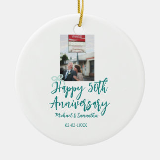 Happy 50th anniversary photo turquoise bow name da keramik ornament
