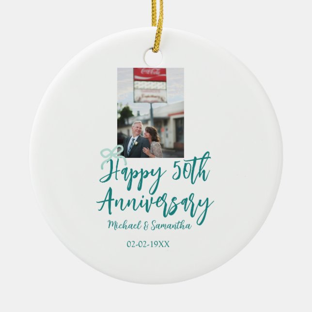 Happy 50th anniversary photo turquoise bow name da keramik ornament (Vorne)