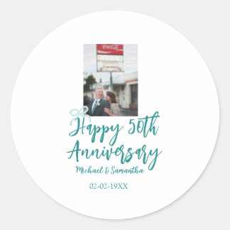 Happy 50th anniversary photo turquoise bow name da runder aufkleber