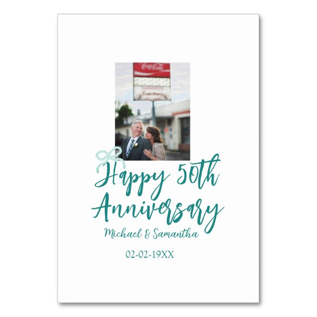 Happy 50th anniversary photo turquoise bow name da tischnummer (Vorderseite)