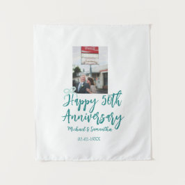 Happy 50th anniversary photo turquoise bow name da wandteppich