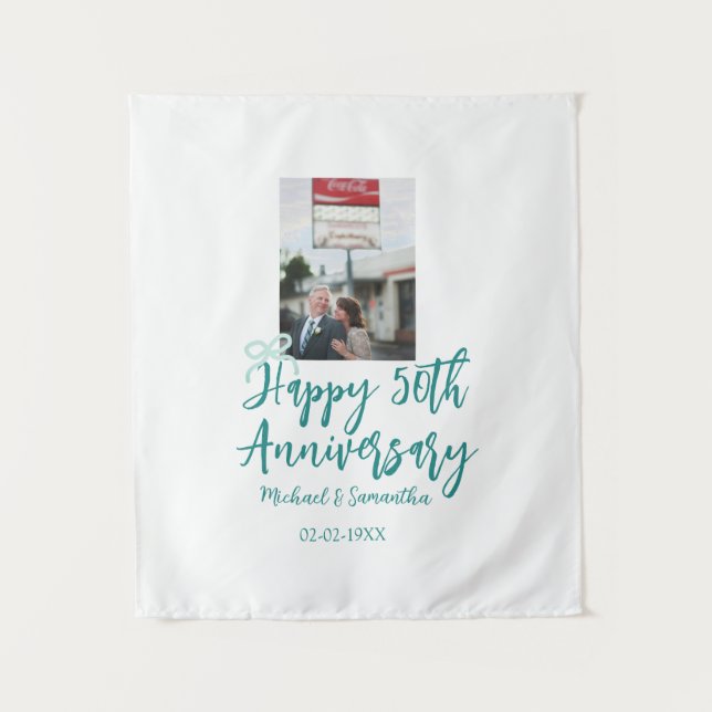 Happy 50th anniversary photo turquoise bow name da wandteppich (Vorderseite)