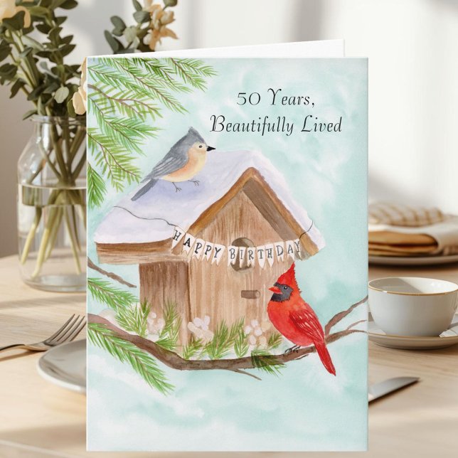  Happy 50th Birthday Birds at Birdhouse Karte (Von Creator hochgeladen)