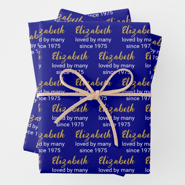 Happy 50th Birthday Name Gold White und Navy Blue Geschenkpapier Set (Beispiel)