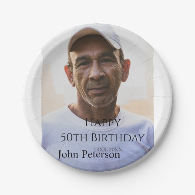 Happy 50th birthday name photo year man simple min pappteller (Vorderseite)