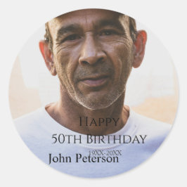 Happy 50th birthday name photo year man simple min runder aufkleber