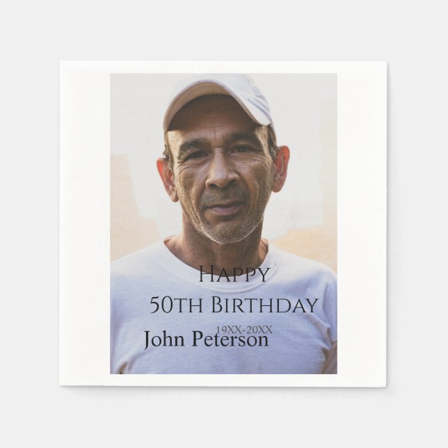 Happy 50th birthday name photo year man simple min serviette (Vorderseite)