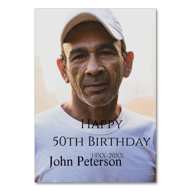 Happy 50th birthday name photo year man simple min tischnummer (Vorderseite)