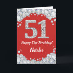 Happy 51. Geburtstagskarte Rot und Silberer Glitze Karte<br><div class="desc">Happy 51. Geburtstag Rot und Silber Glitzer Card mit personalisiertem Namen. Für weitere Anpassungen klicken Sie bitte auf die Schaltfläche "Anpassen" und verwenden Sie unser Designwerkzeug,  um diese Vorlage zu ändern.</div>