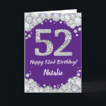 Happy 52. Geburtstagskarte Lila und Silver Glitzer Karte<br><div class="desc">Happy 52. Geburtstag Lila und Silver Glitzer Card mit personalisiertem Namen. Für weitere Anpassungen klicken Sie bitte auf die Schaltfläche "Anpassen" und verwenden Sie unser Designwerkzeug,  um diese Vorlage zu ändern.</div>