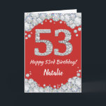 Happy 53. Geburtstagskarte Rot und Silberer Glitze Karte<br><div class="desc">Happy 53. Geburtstagskarte Rot und Silber Glitzer Card mit personalisiertem Namen. Für weitere Anpassungen klicken Sie bitte auf die Schaltfläche "Anpassen" und verwenden Sie unser Designwerkzeug,  um diese Vorlage zu ändern.</div>