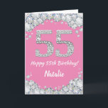 Happy 55. Geburtstag Pink und Silver Glitzer Card Karte<br><div class="desc">Glückliche 55. Geburtstagskarte Pink und Silver Glitzer Card mit personalisiertem Namen. Für weitere Anpassungen klicken Sie bitte auf die Schaltfläche "Anpassen" und verwenden Sie unser Designwerkzeug,  um diese Vorlage zu ändern.</div>