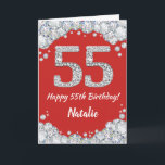 Happy 55. Geburtstagskarte Rot und Silberer Glitze Karte<br><div class="desc">Glückliche 55. Geburtstagskarte Rot und Silber Glitzer Card mit personalisiertem Namen. Für weitere Anpassungen klicken Sie bitte auf die Schaltfläche "Anpassen" und verwenden Sie unser Designwerkzeug,  um diese Vorlage zu ändern.</div>
