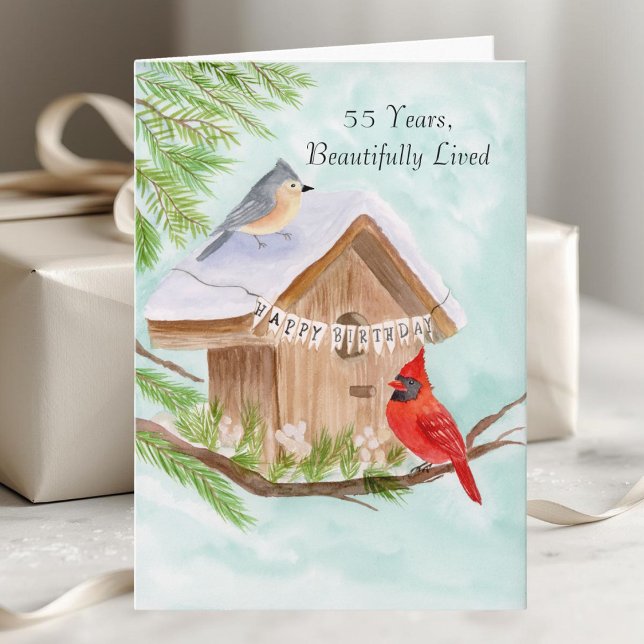  Happy 55th Birthday Birds at Birdhouse Karte (Von Creator hochgeladen)