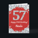 Happy 57. Geburtstagskarte Rot und Silberer Glitze Karte<br><div class="desc">Glückliche 57. Geburtstagskarte Rot und Silber Glitzer Card mit personalisiertem Namen. Für weitere Anpassungen klicken Sie bitte auf die Schaltfläche "Anpassen" und verwenden Sie unser Designwerkzeug,  um diese Vorlage zu ändern.</div>