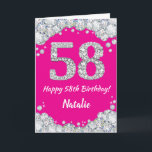 Happy 58. Geburtstag Hot Pink und Silver Glitzer Karte<br><div class="desc">Happy 58. Geburtstag Hot Pink und Silver Glitzer Card mit personalisiertem Namen. Für weitere Anpassungen klicken Sie bitte auf die Schaltfläche "Anpassen" und verwenden Sie unser Designwerkzeug,  um diese Vorlage zu ändern.</div>