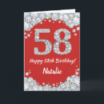 Happy 58. Geburtstagskarte Rot und Silberer Glitze Karte<br><div class="desc">Happy 58. Geburtstagskarte Rot und Silber Glitzer Card mit personalisiertem Namen. Für weitere Anpassungen klicken Sie bitte auf die Schaltfläche "Anpassen" und verwenden Sie unser Designwerkzeug,  um diese Vorlage zu ändern.</div>