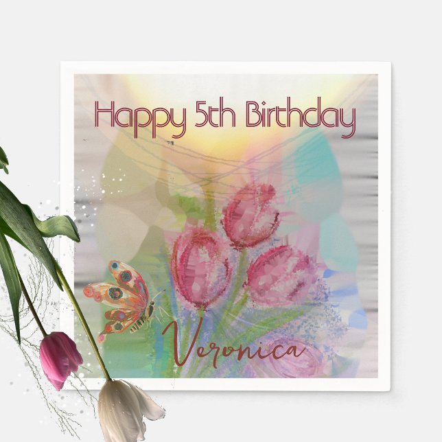 Happy 5. Girl Geburtstag Napkins mit Tulips Serviette (Happy 5th Girl Birthday Napkins with Tulips)