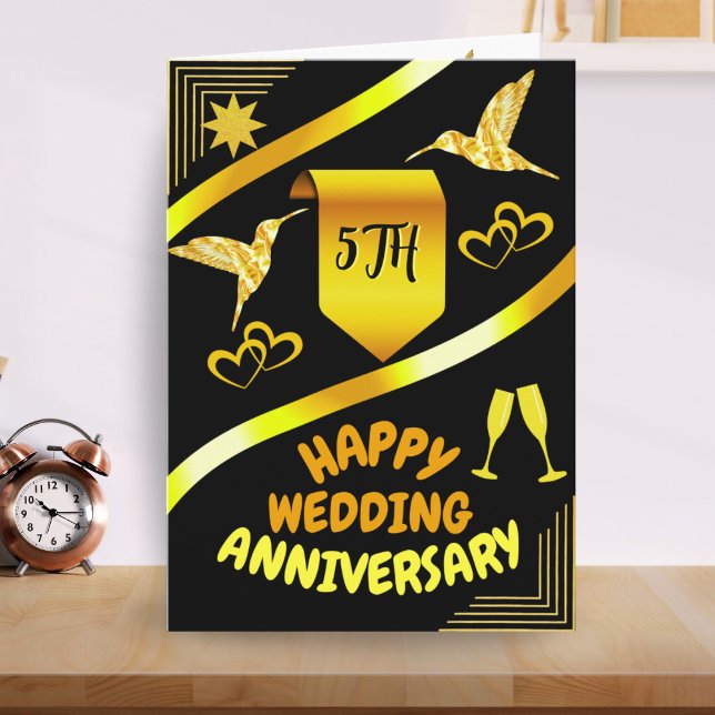 Happy 5. Hochzeit Jahrestag Black & Gold Moderne Karte (Von Creator hochgeladen)