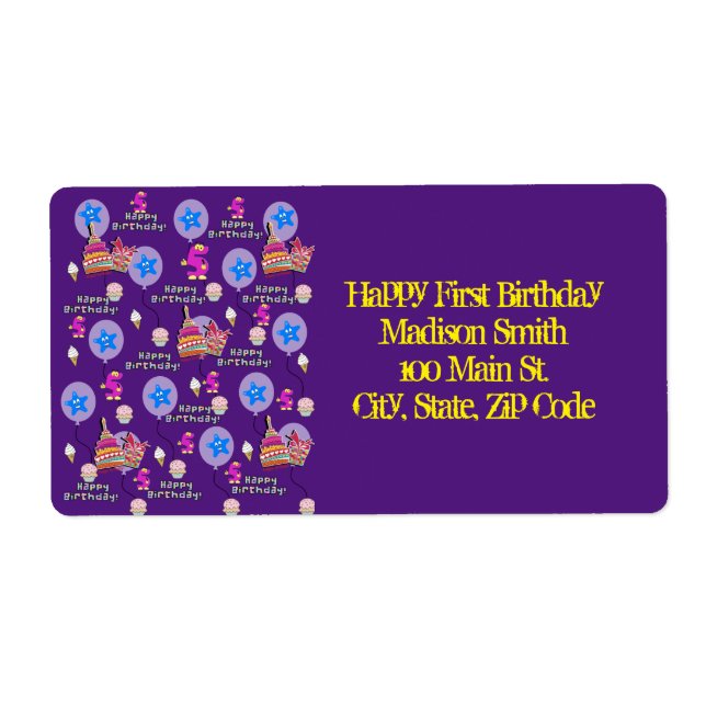 Happy 5th Birthday Address Labels, Gelb & Lila (Vorne)