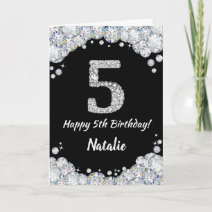 Happy 5th Birthday Black and Silver Glitzer Card Karte