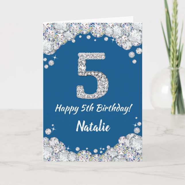 Happy 5th Birthday Blue and Silver Glitzer Card Karte (Vorderseite)