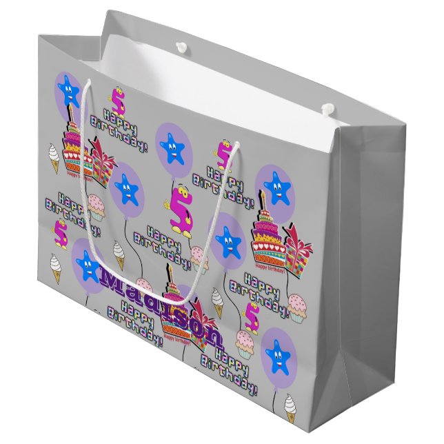 Happy 5th Birthday Geschenktasche #5 Grau Große Geschenktüte (Vorderseite Schrägansicht)