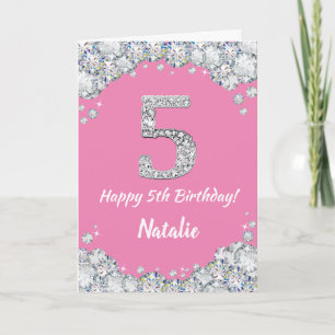 Happy 5th Birthday Pink and Silver Glitzer Card Karte