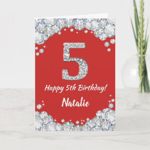 Happy 5th Birthday Red and Silver Glitzer Card Karte