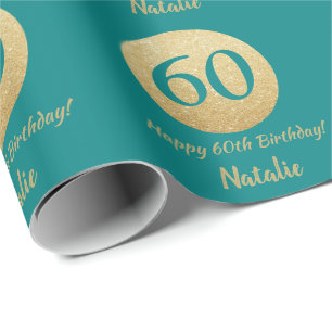 Happy 60. Geburtstag Aquamarin und Gold Glitzer Geschenkpapier