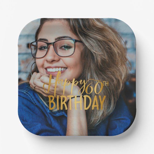 Happy 60. Geburtstag Script Personalisiertes Foto Pappteller (Vorderseite)