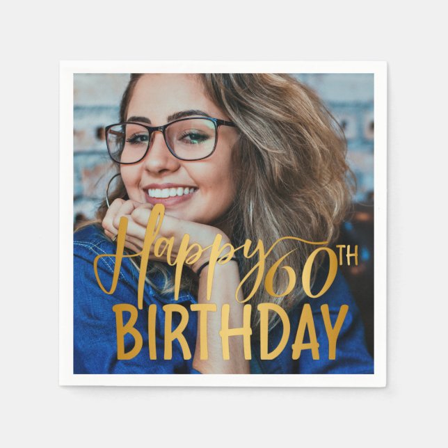 Happy 60. Geburtstag Script Personalisiertes Foto Serviette (Vorderseite)