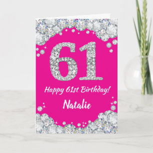 Happy 61. Geburtstag Hot Pink und Silver Glitzer Karte