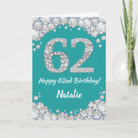 Happy 62. Geburtstag Aquamarin und Silver Glitzer
