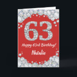 Happy 63. Geburtstagskarte Rot und Silberer Glitze Karte<br><div class="desc">Happy 63. Geburtstagskarte Rot und Silber Glitzer Card mit personalisiertem Namen. Für weitere Anpassungen klicken Sie bitte auf die Schaltfläche "Anpassen" und verwenden Sie unser Designwerkzeug,  um diese Vorlage zu ändern.</div>